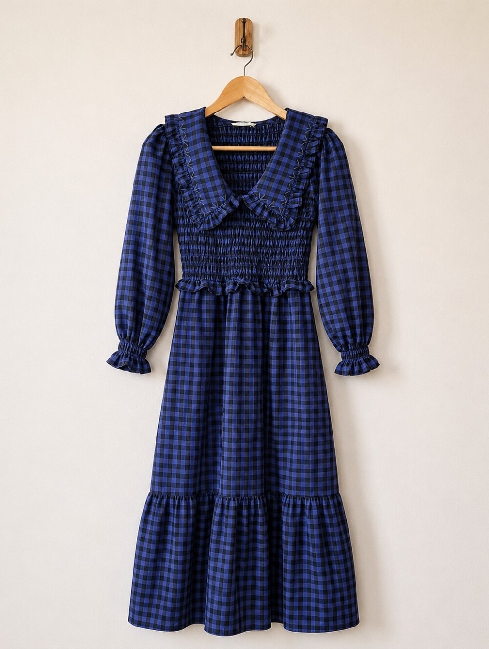 MANGO Blue Gingham Smocked Midi Dress